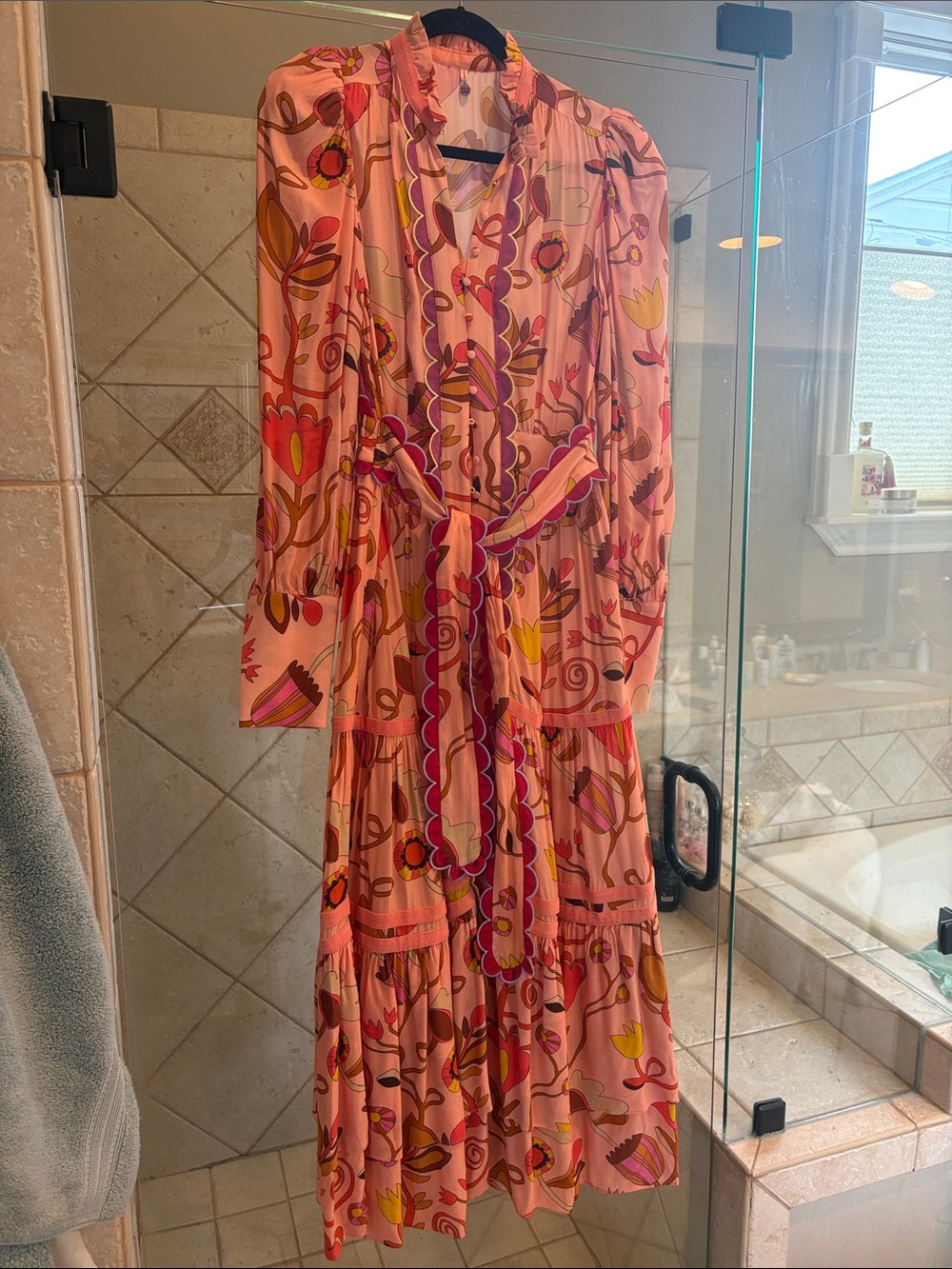 CeliaB Pink Floral-Print Long Sleeve Tiered Maxi with Belt